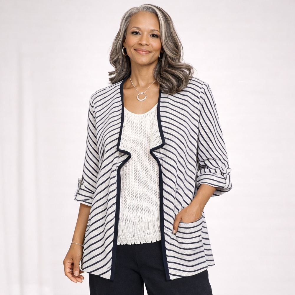 Striped Bkack and White Women's Open Front Cardigan - EUC